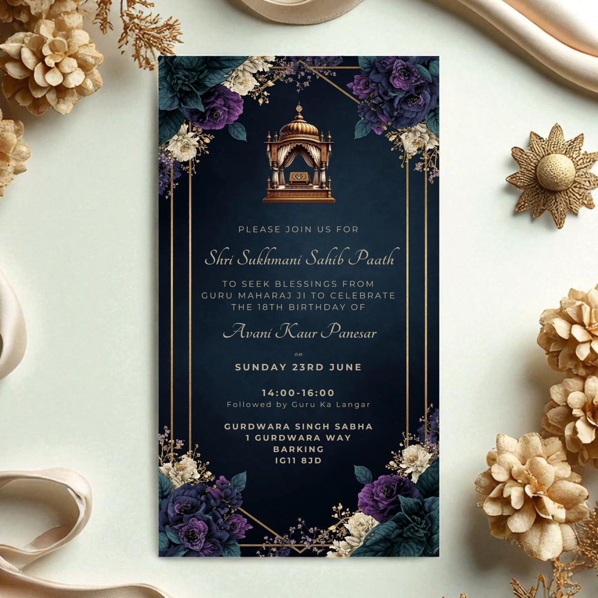 Luxury Dark Floral Sikh Invitation | Sukhmani Sahib Paath Card | Digital