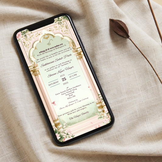 Sikh Religious Digital Invitation: Sukhmani Sahib Path - Pink and Mint Elegant Floral Arch Design