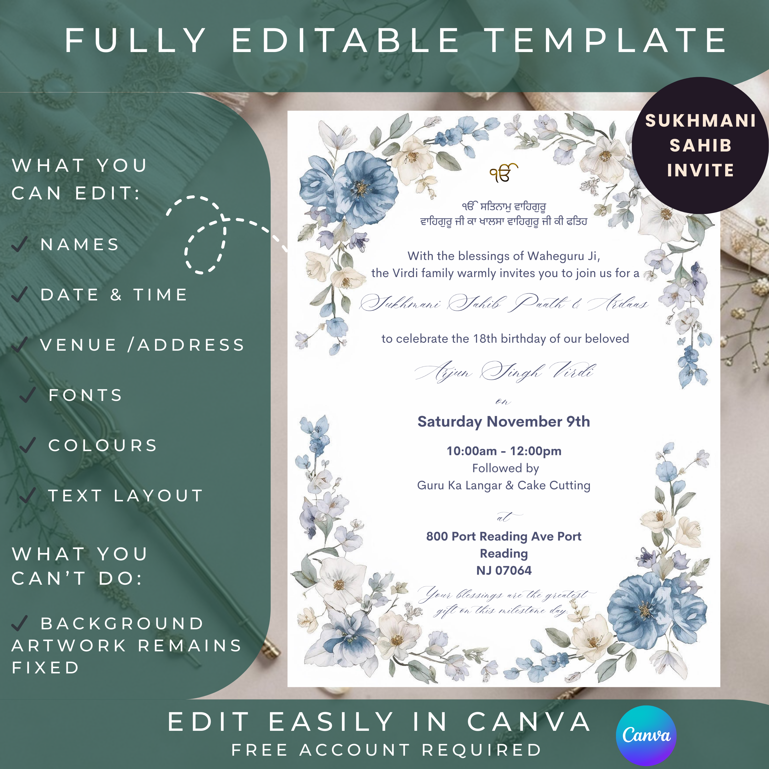 Blue Floral Sukhmani Sahib ceremony invitation card