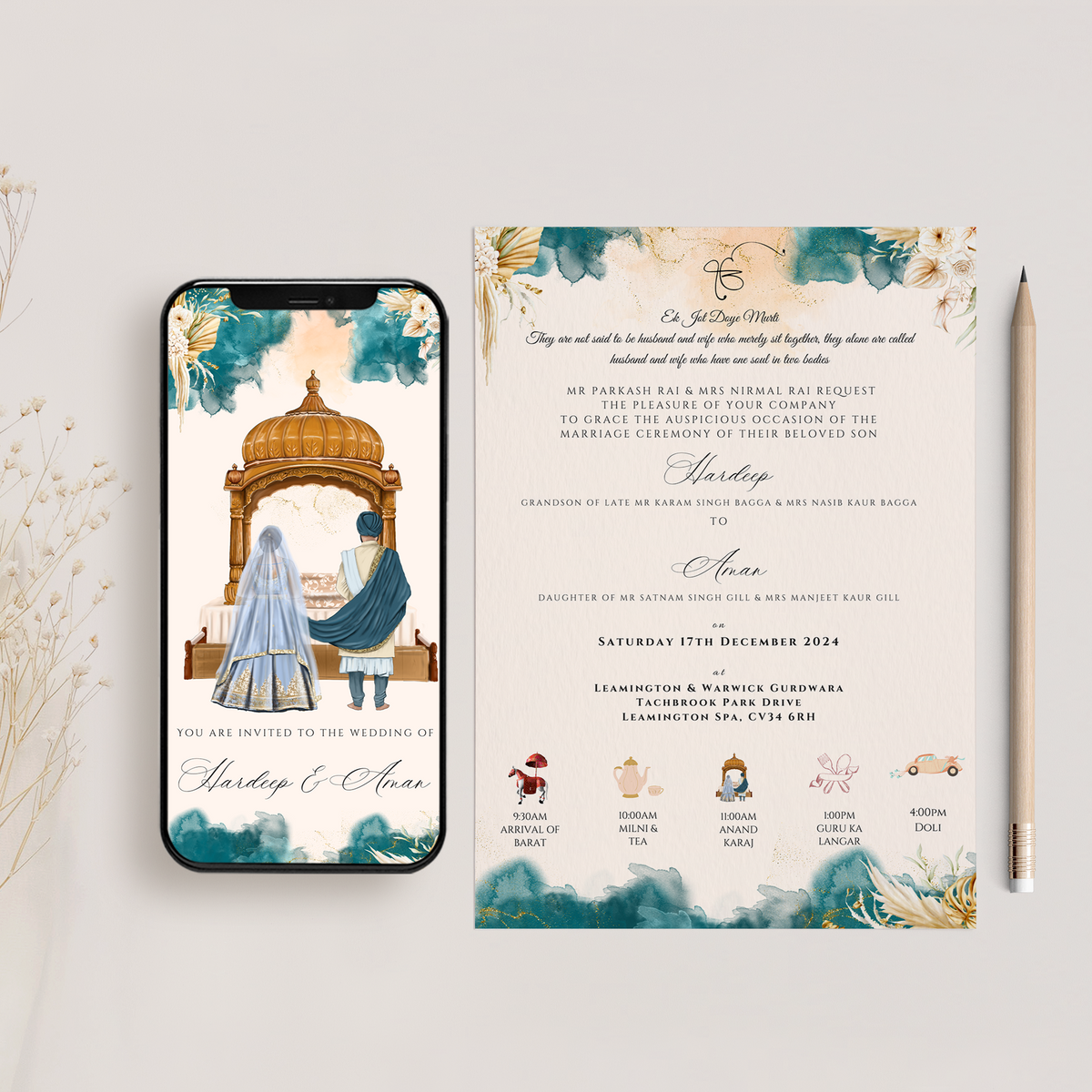 Anand Karaj Digital Invitation with Palki Sahib Design, Teal