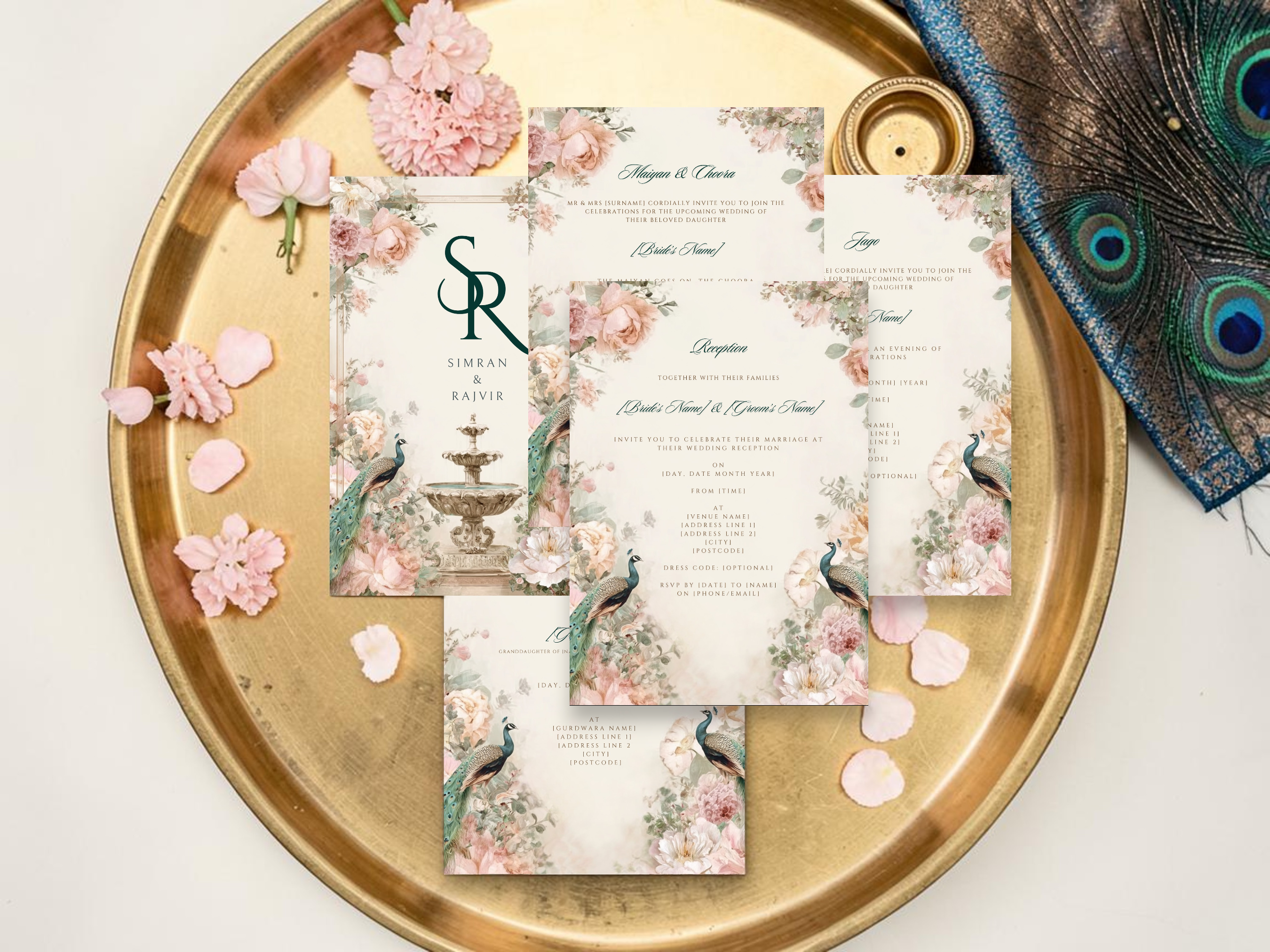 Peacock Sikh wedding invitation cover card displayed on a tablet, showing how the digital invite looks when shared via WhatsApp