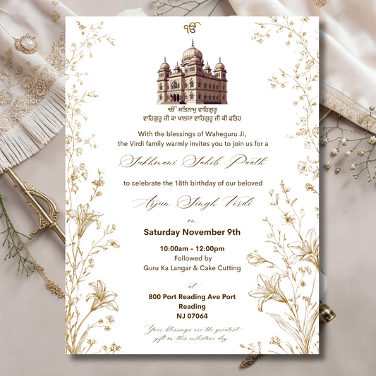 Golden Temple Sukhmani Sahib Paath invitation template with gold floral border editable in Canva for Sikh birthday paath ceremonies