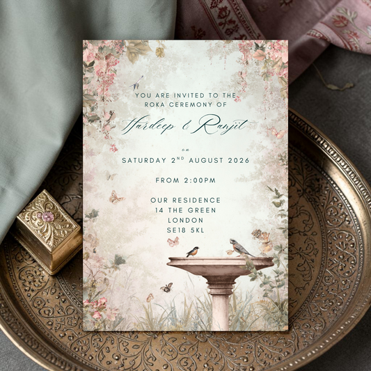Vintage garden Roka ceremony digital invitation with stone birdbath, pink wisteria, butterflies and songbirds — editable Canva template A5
