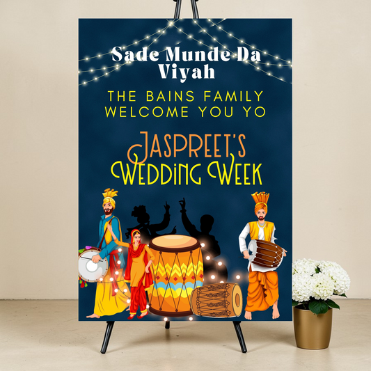 Wedding Week Welcome Sign Groom Navy Bhangra Dancers