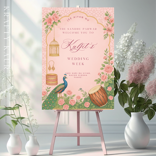 Punjabi wedding welcome sign with blush pink floral design, peacock, dhol and gold arch, Indian wedding welcome board printed sign