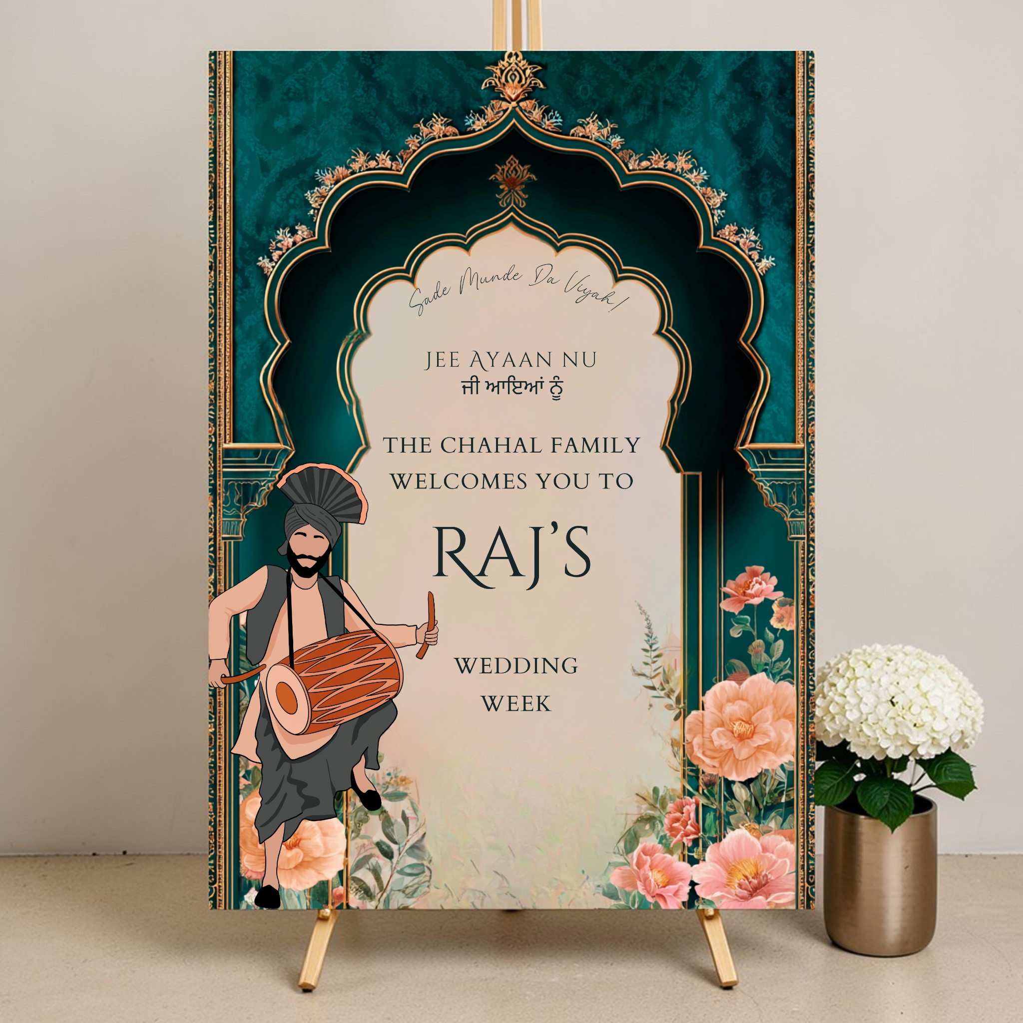 Sikh wedding welcome sign with dhol player illustration and Punjabi “Jee Ayaan Nu” greeting, custom printed on Foamex board.
