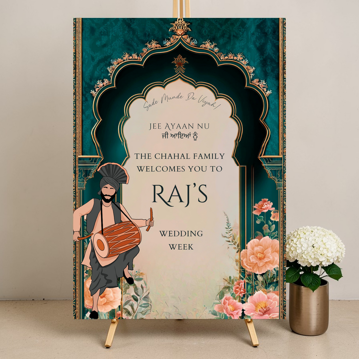 Sikh wedding welcome sign with dhol player illustration and Punjabi “Jee Ayaan Nu” greeting, custom printed on Foamex board.