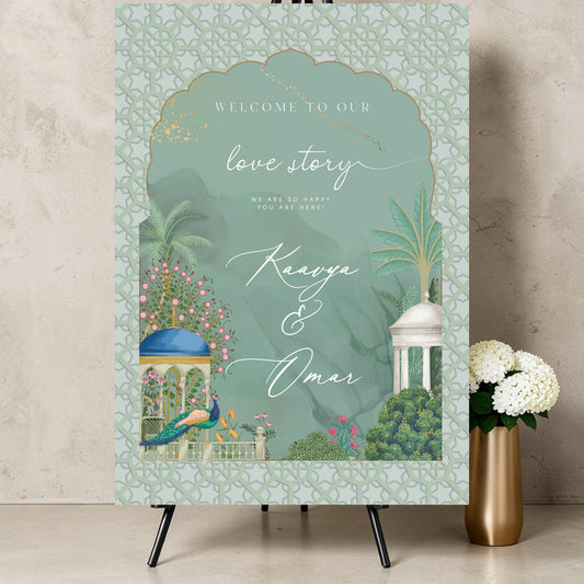 Welcome Sign Peacock Love Story Sage Indian Wedding Modern And Elegant