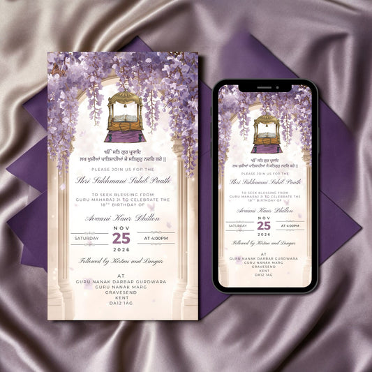 Purple wisteria Sukhmani Sahib Paath invitation with Sikh Palki Sahib illustration for religious ceremony