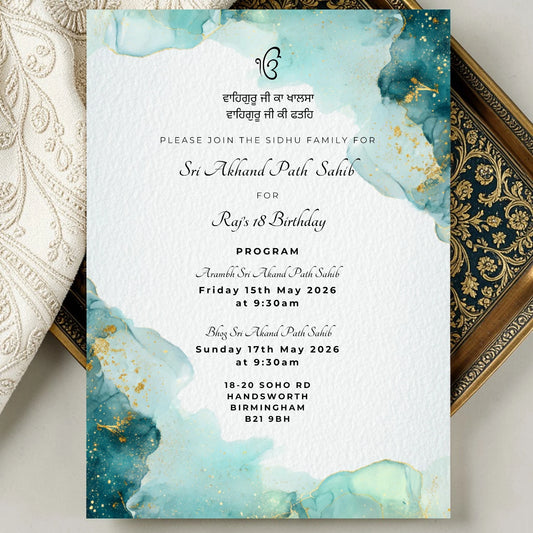 Akhand Paath Sahib digital invitation template teal gold Punjabi Sikh WhatsApp invite