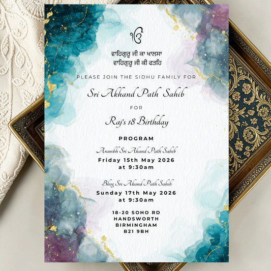 Teal gold Akhand Paath Sahib invitation template Punjabi Sikh digital WhatsApp invite marble design