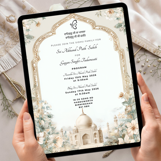 Modern whatsapp Akhand Paath Sahib invitation template editable Canva Sikh prayer invite floral arch Indian religious invitation design