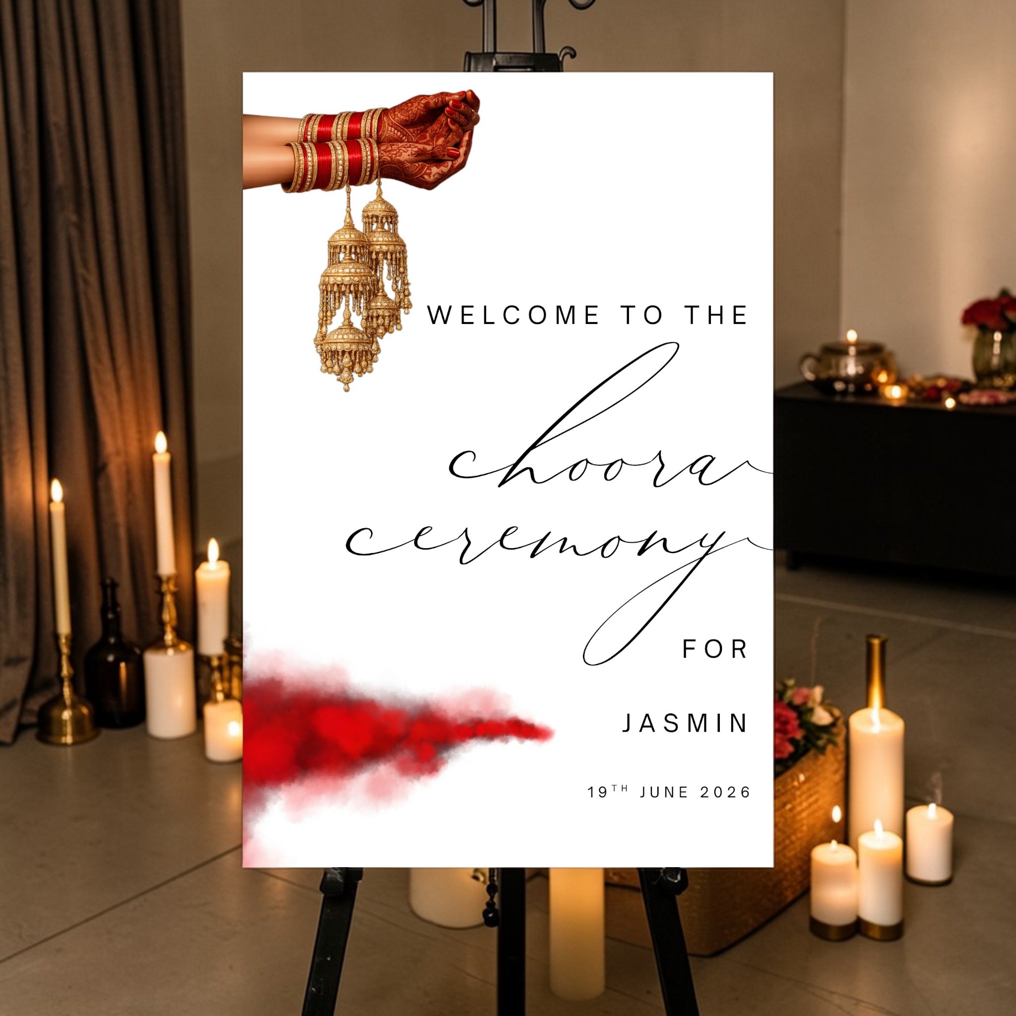 choora ceremony welcome sign for indian wedding with personalised names and date