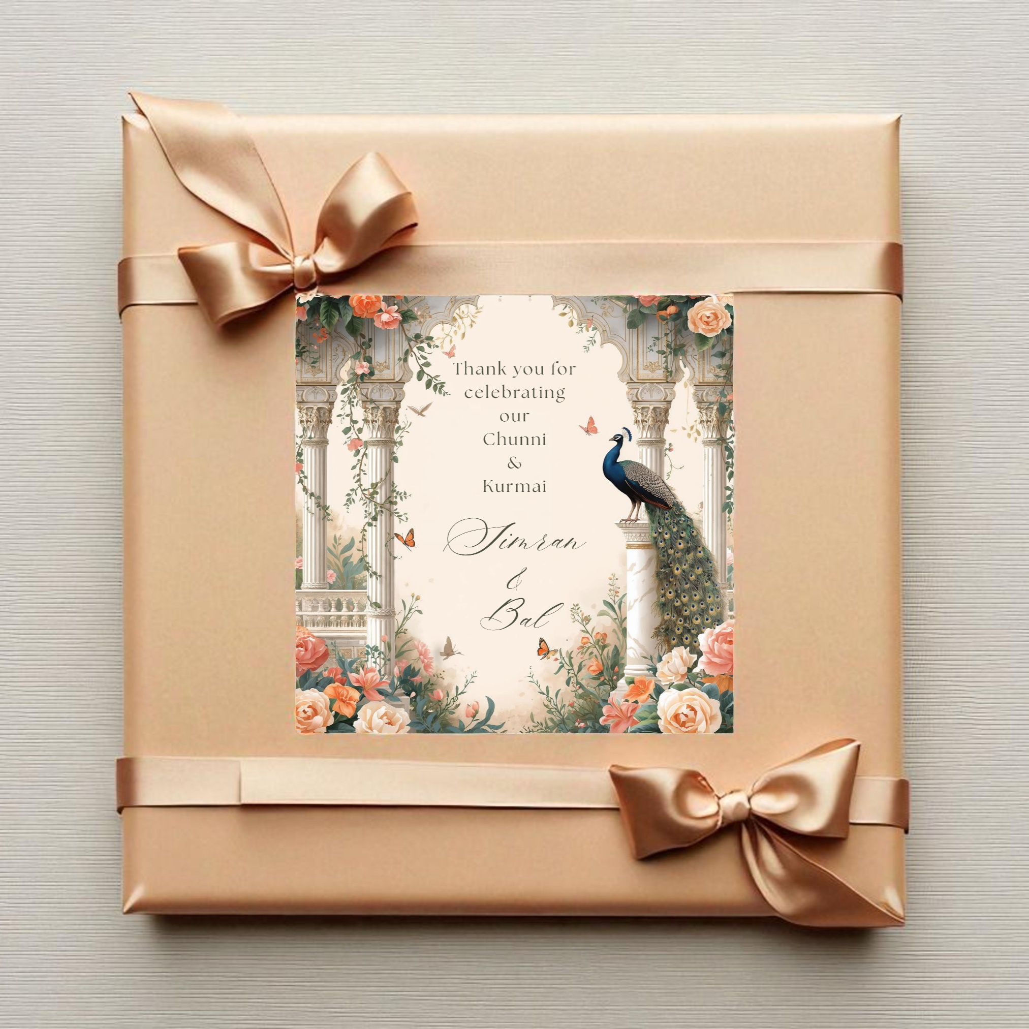 Peacock arch floral Chunni Kurmai sticker labels on Indian sweet gift boxes flat lay — Punjabi engagement favour tag Canva template digital download