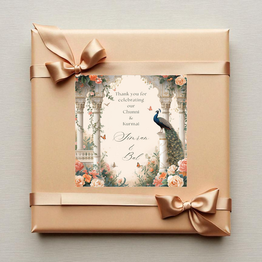 Peacock arch floral Chunni Kurmai sticker labels on Indian sweet gift boxes flat lay — Punjabi engagement favour tag Canva template digital download