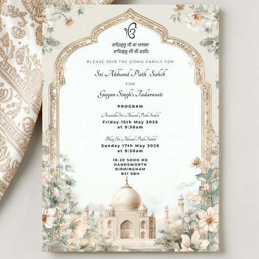 Akhand Paath Sahib invitation template editable Canva Sikh prayer invite floral arch Indian religious invitation design