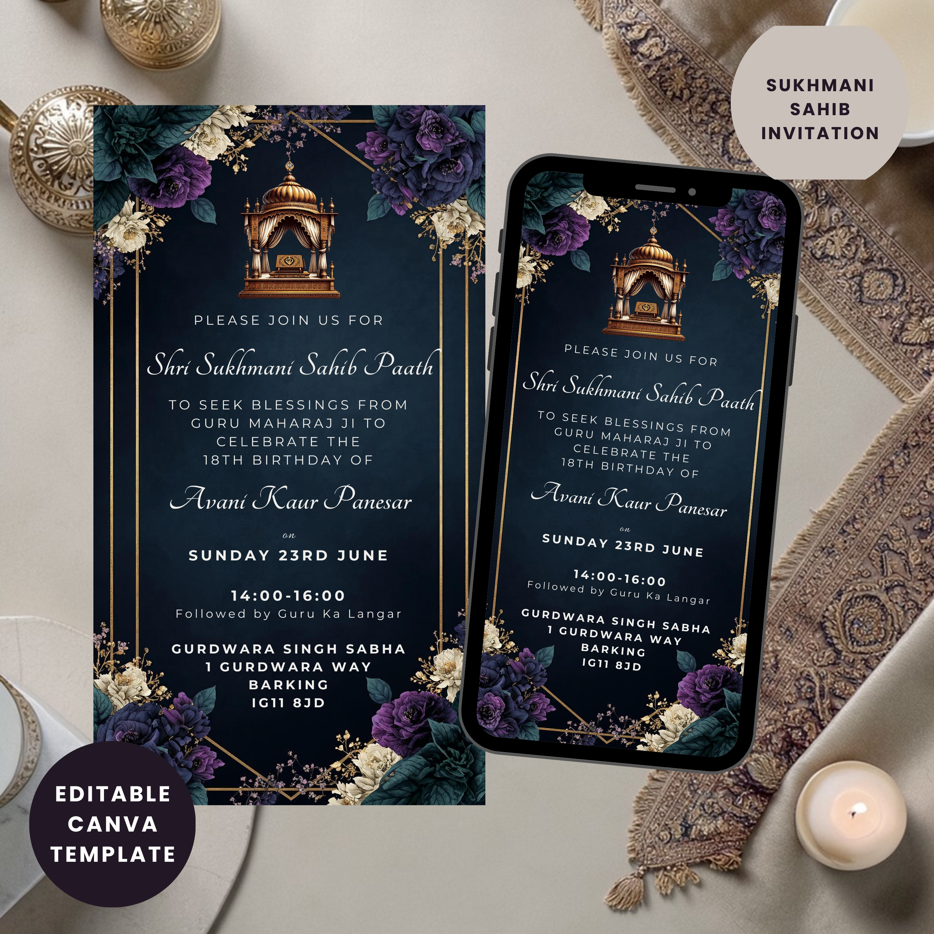 editable sikh sukhmani sahib invitation template canva whatsapp invitation