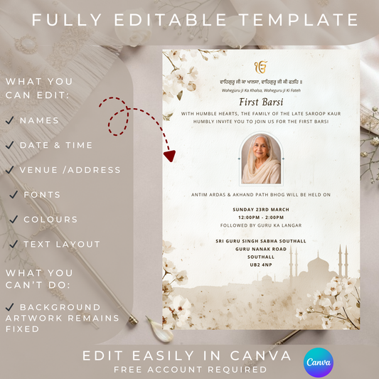 First Barsi Invitation — Editable Canva Template | Sikh Memorial Digital Invite | Antim Ardas | Instant Download