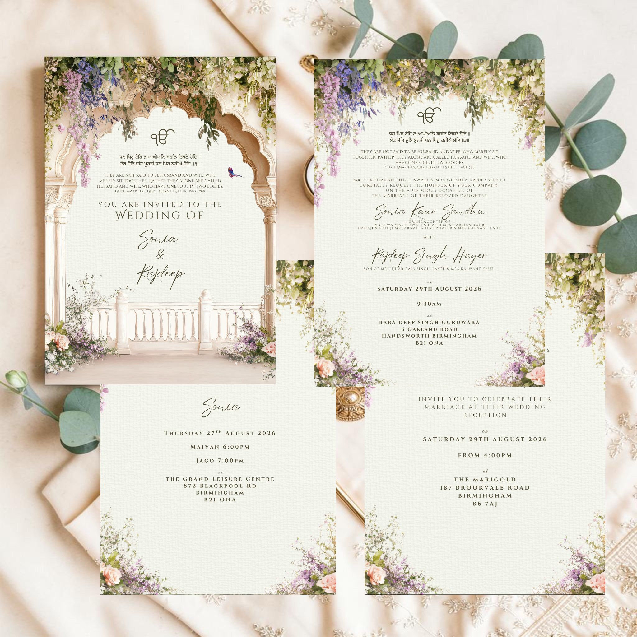 All four pages of a digital Sikh wedding invitation suite displayed in a grid showing cover page, Anand Karaj insert, Jago and Maiyan pre-wedding insert and evening reception insert with wisteria floral design, fully editable in Canva by Krafty Kaur