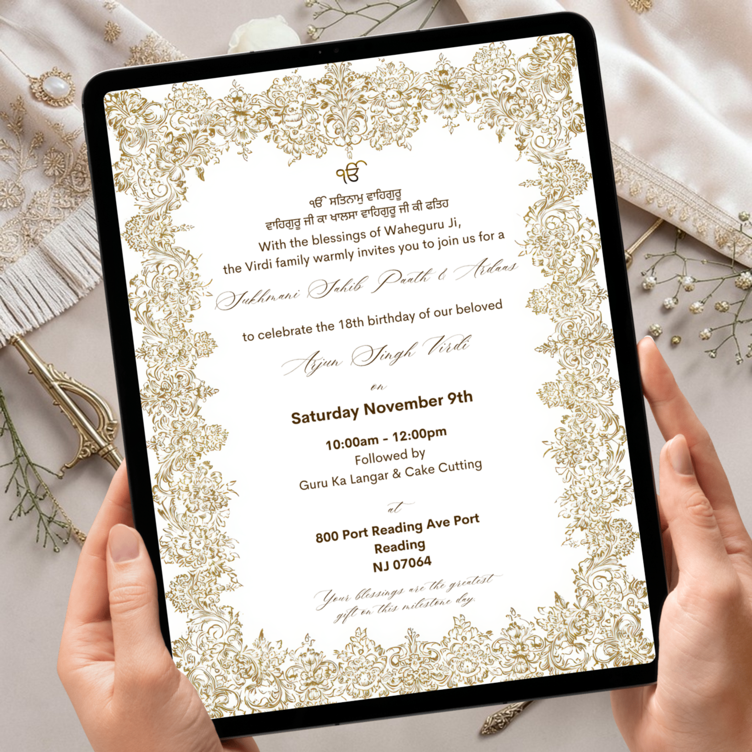 Editable Sikh Sukhmani Sahib Paath invitation template with luxury gold damask border and ivory background for Punjabi religious ceremonies