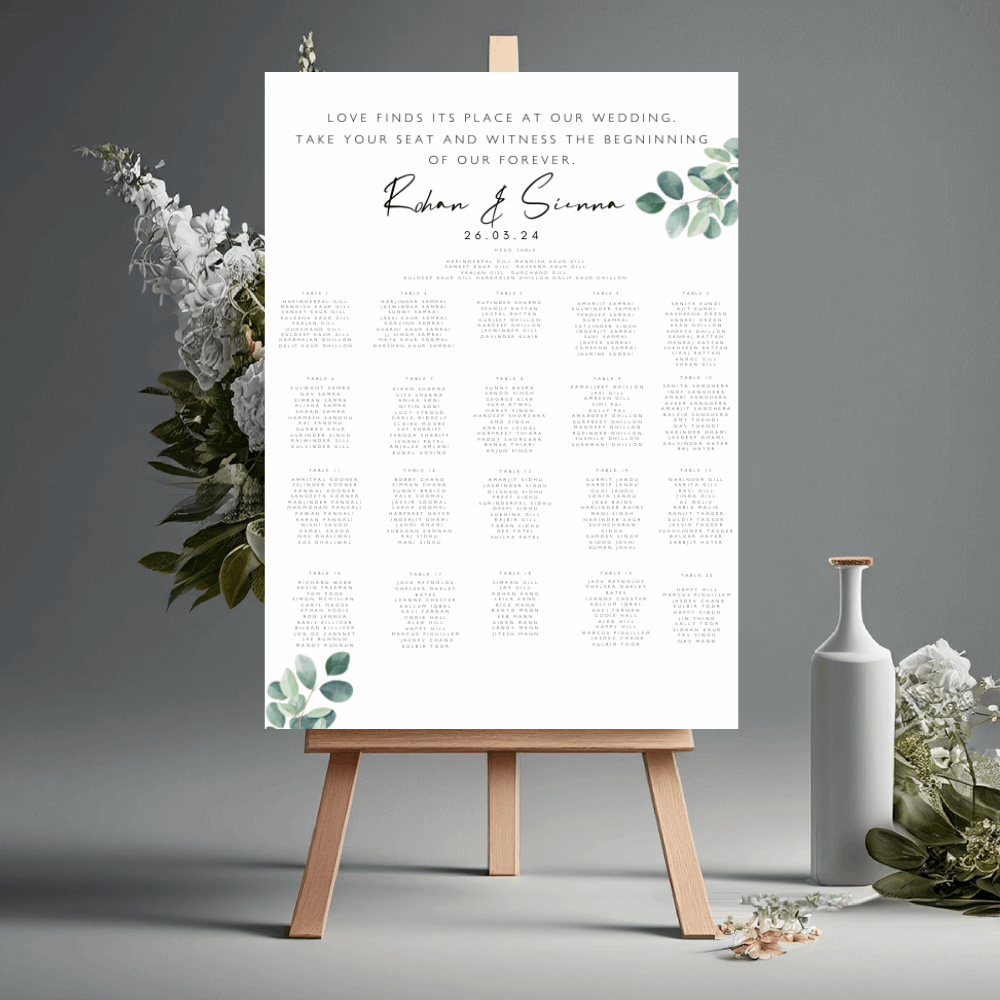 Elegant Eucalyptus Enchantment: Indian Wedding Seating Chart Plan
