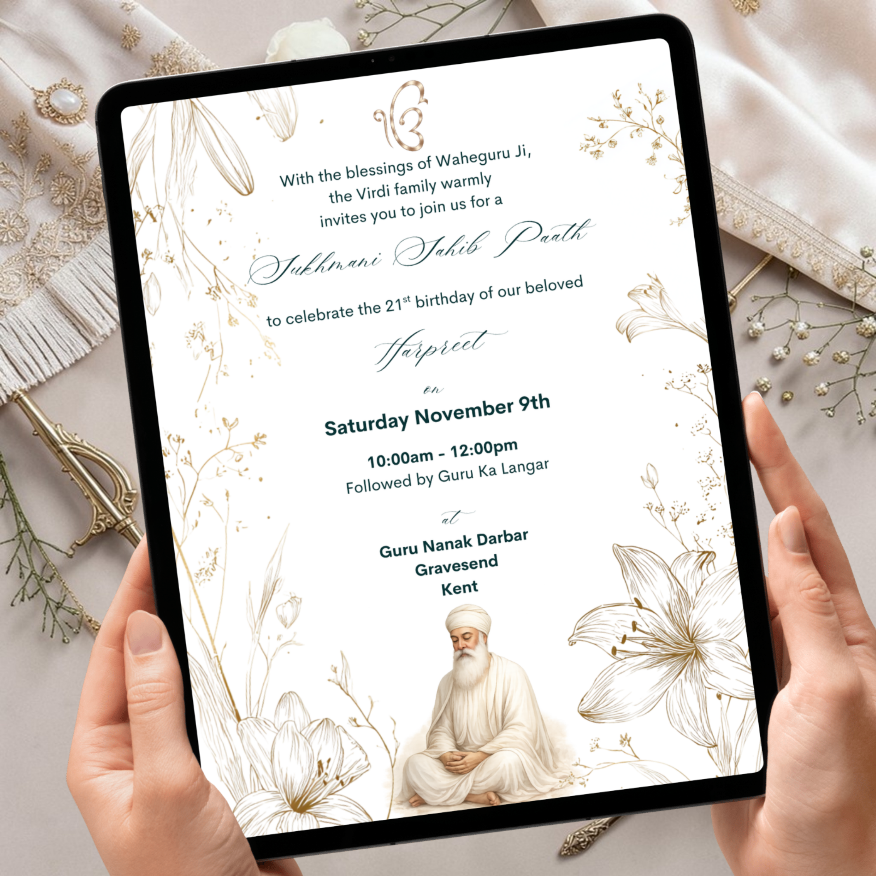 Guru Nanak Dev Ji Sukhmani Sahib Paath invitation template with gold floral botanical design editable in Canva for Sikh birthday paath ceremony