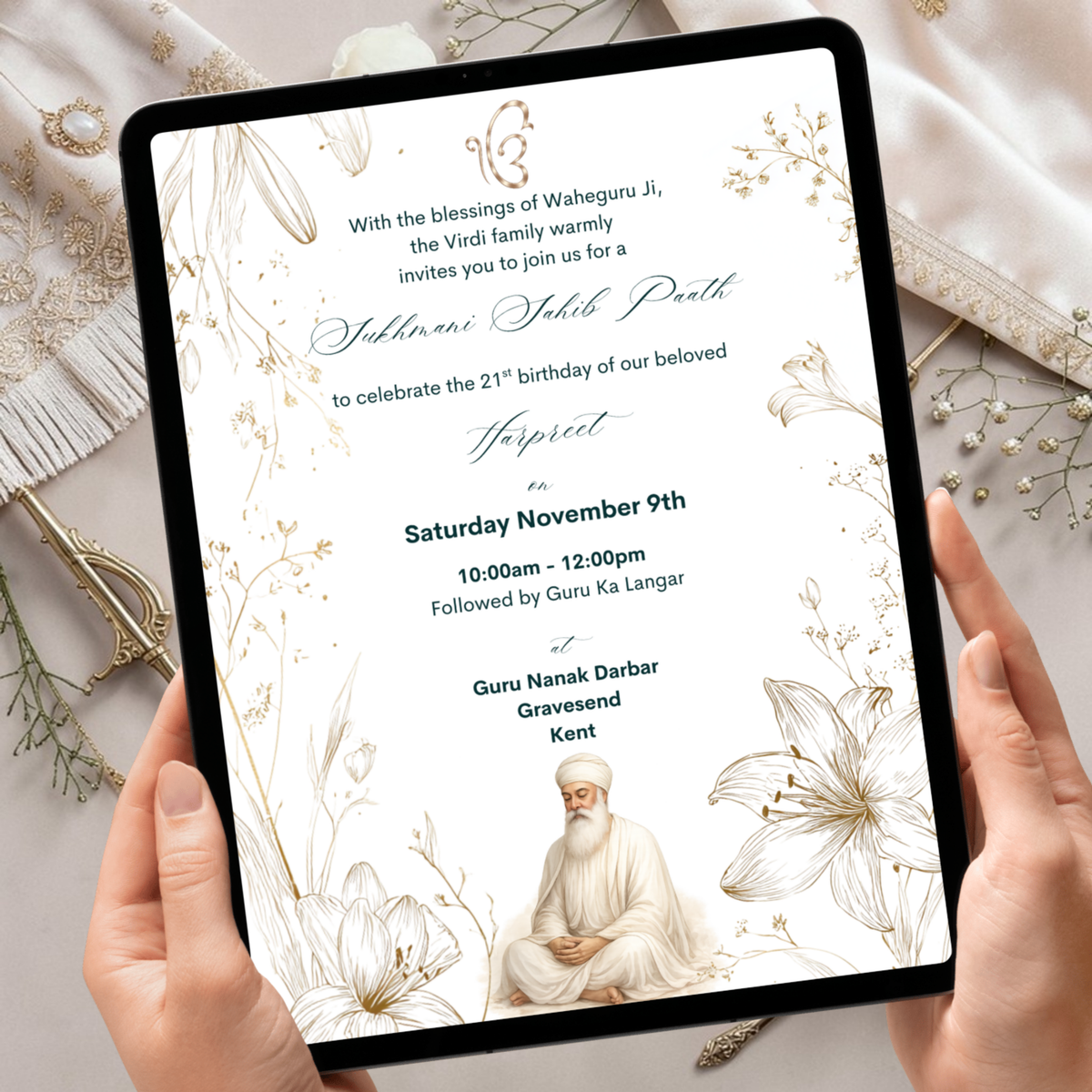 Guru Nanak Dev Ji Sukhmani Sahib Paath invitation template with gold floral botanical design editable in Canva for Sikh birthday paath ceremony