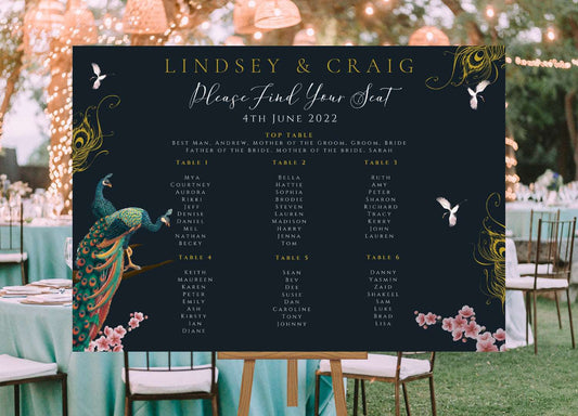 Wedding Seating Plan Sign - Printed on Foamex - A1 or A0 - Peacock Theme, Indian Wedding Theme