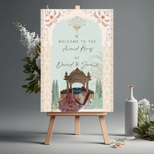 Anand Karaj Welcome Sign | with Sikh Bride Groom  Illustration | Modern | Contemporary | Indian Wedding Signs | Digital