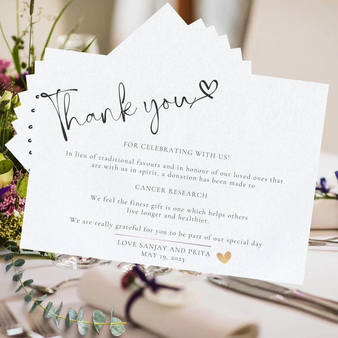 Thank You Indian Wedding Favour Cards, Printed A6, Charity Donation Message