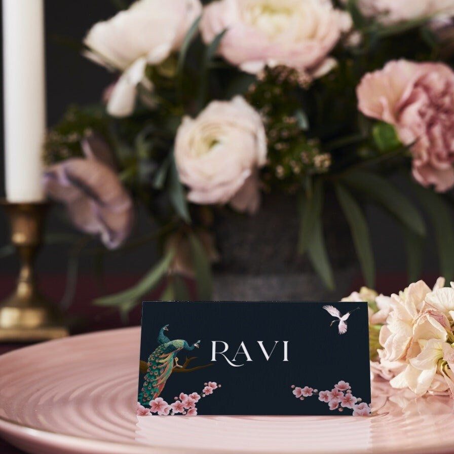 Peacock Place Cards, Personalised, Name Cards, Folded Cards, Printed, Silk, Wedding Name Cards for Guests (Copy)
