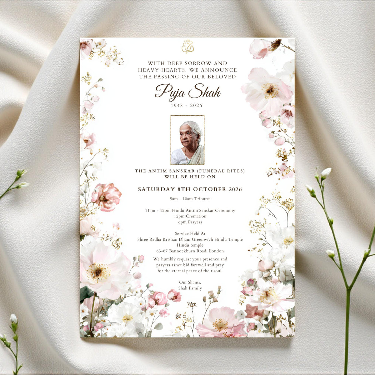 Hindu Antim Sanskar Digital Invite | Instant Download Bereavement Announcement