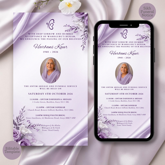 Lilac purple floral Sikh funeral notice with oval photo frame Ek Onkar and Waheguru Hukam wording — shown as printed card and on iPhone screen editable Canva template