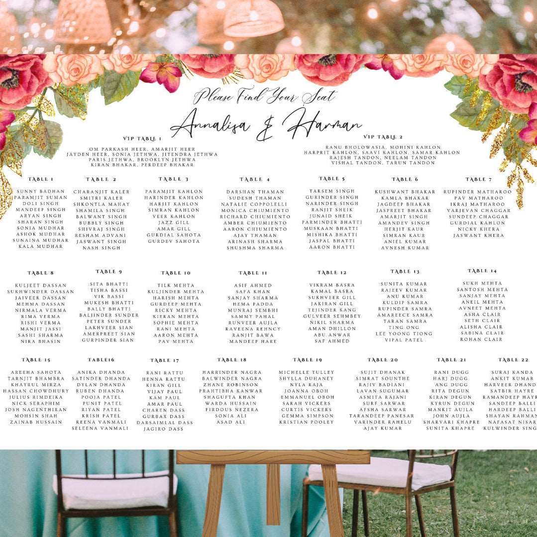 Indian wedding seating plan board with bold floral design personalised Asian wedding reception table plan