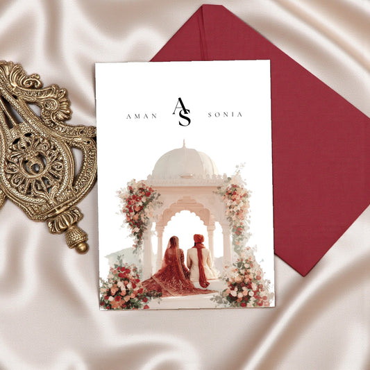 Sikh wedding invitation template in red and cream with Anand Karaj details displayed on traditional fabric background