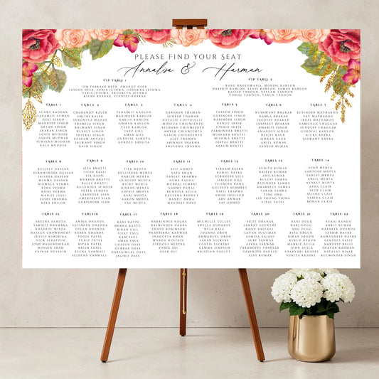 Indian wedding reception table plan sign with floral coral