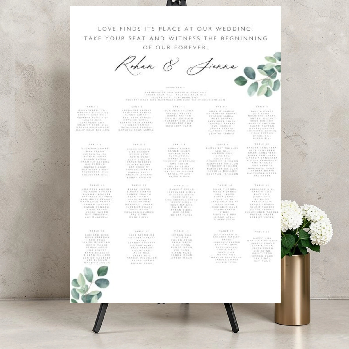 minimalist Indian wedding seating plan board with greenery design personalised Asian wedding seating chart