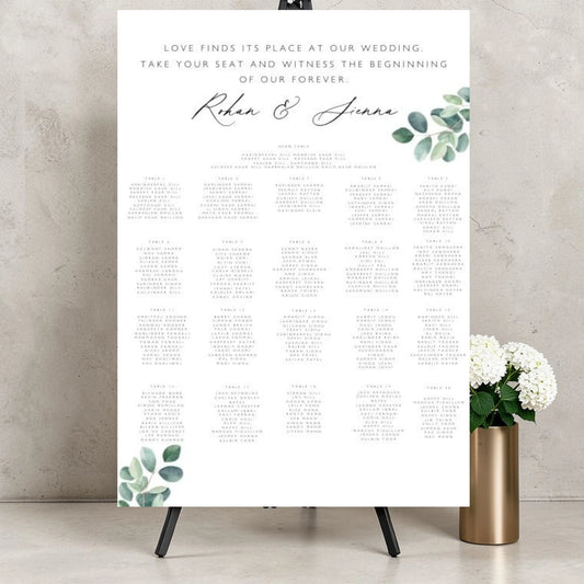 minimalist Indian wedding seating plan board with greenery design personalised Asian wedding seating chart