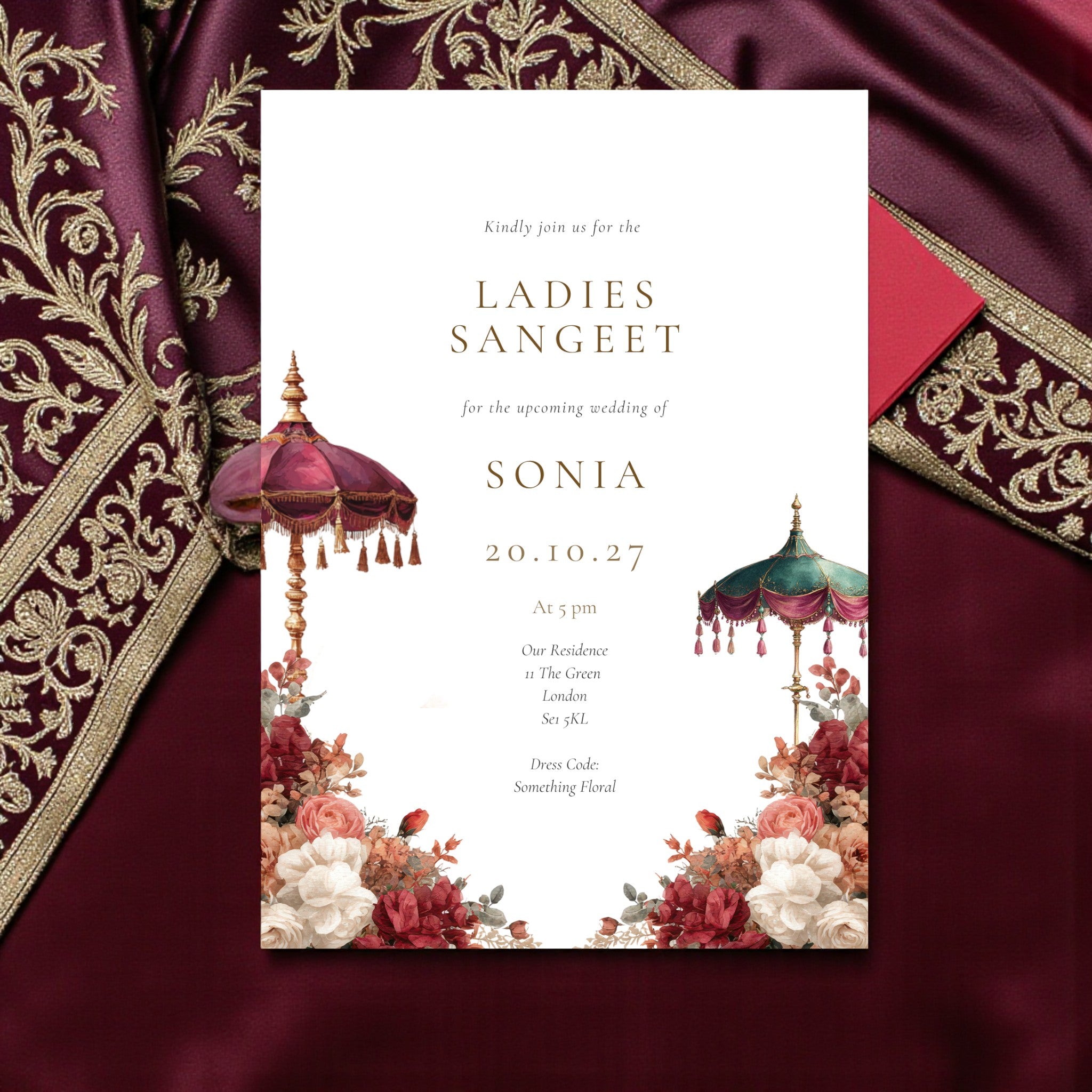 Minimal red Sikh wedding invitation template with elegant serif typography sangeet digital invite