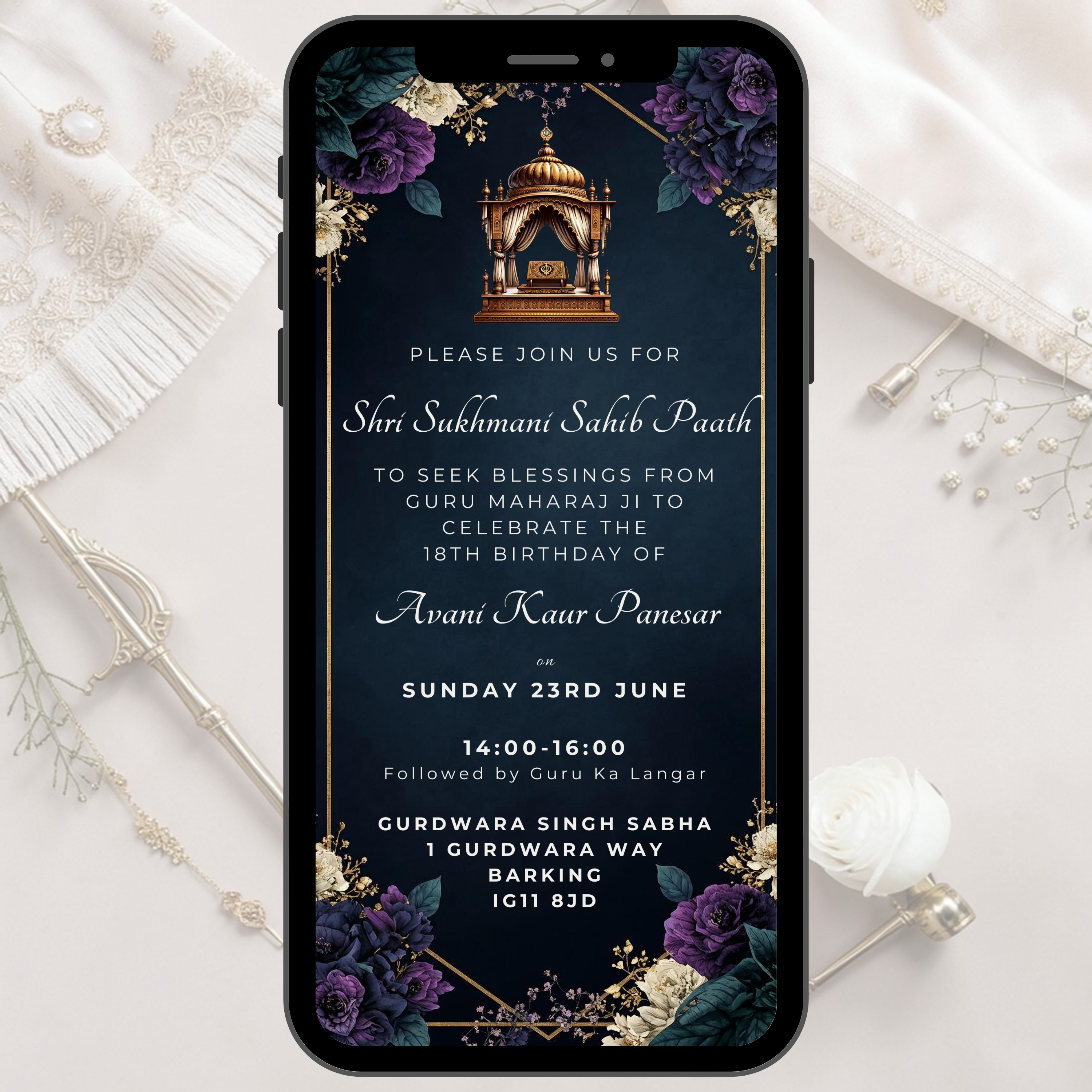 navy floral sukhmani sahib invitation template editable in canva digital sikh paath invite