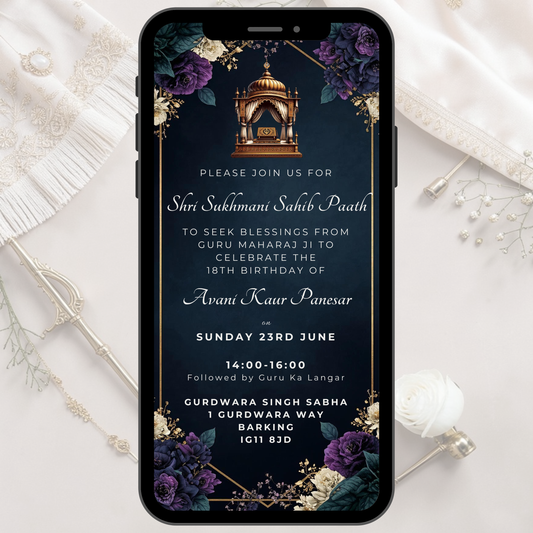 navy floral sukhmani sahib invitation template editable in canva digital sikh paath invite