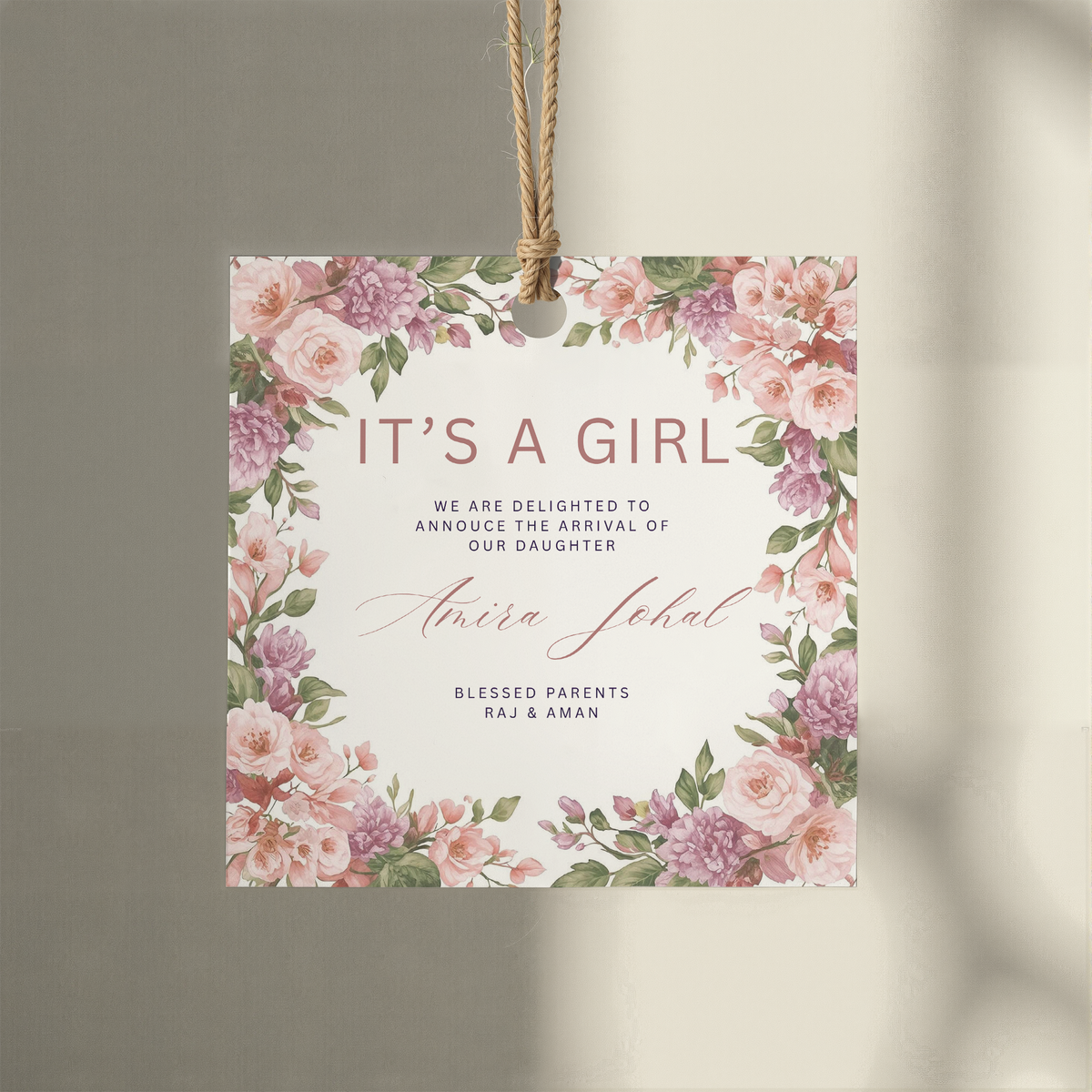  new baby girl baby announcement sweet box sticker tag with elegant pink floral artwork