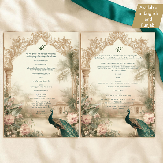 Punjabi and English peacock garden Sahe Di Chithi Sikh wedding invitations side by side — bilingual Anand Karaj digital download A5 WhatsApp ready