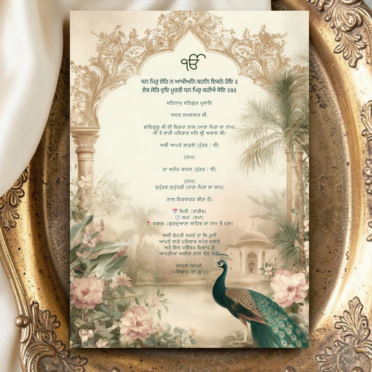 Punjabi Gurmukhi Sahe Di Chithi Sikh wedding invitation with teal peacock blush peonies Mughal arch columns and gurdwara lake — editable Canva template A5