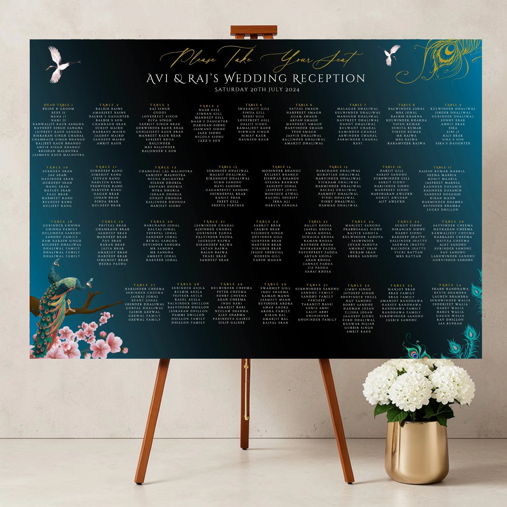 peacock Indian wedding seating plan board luxury Sikh wedding reception table plan with gold lettering