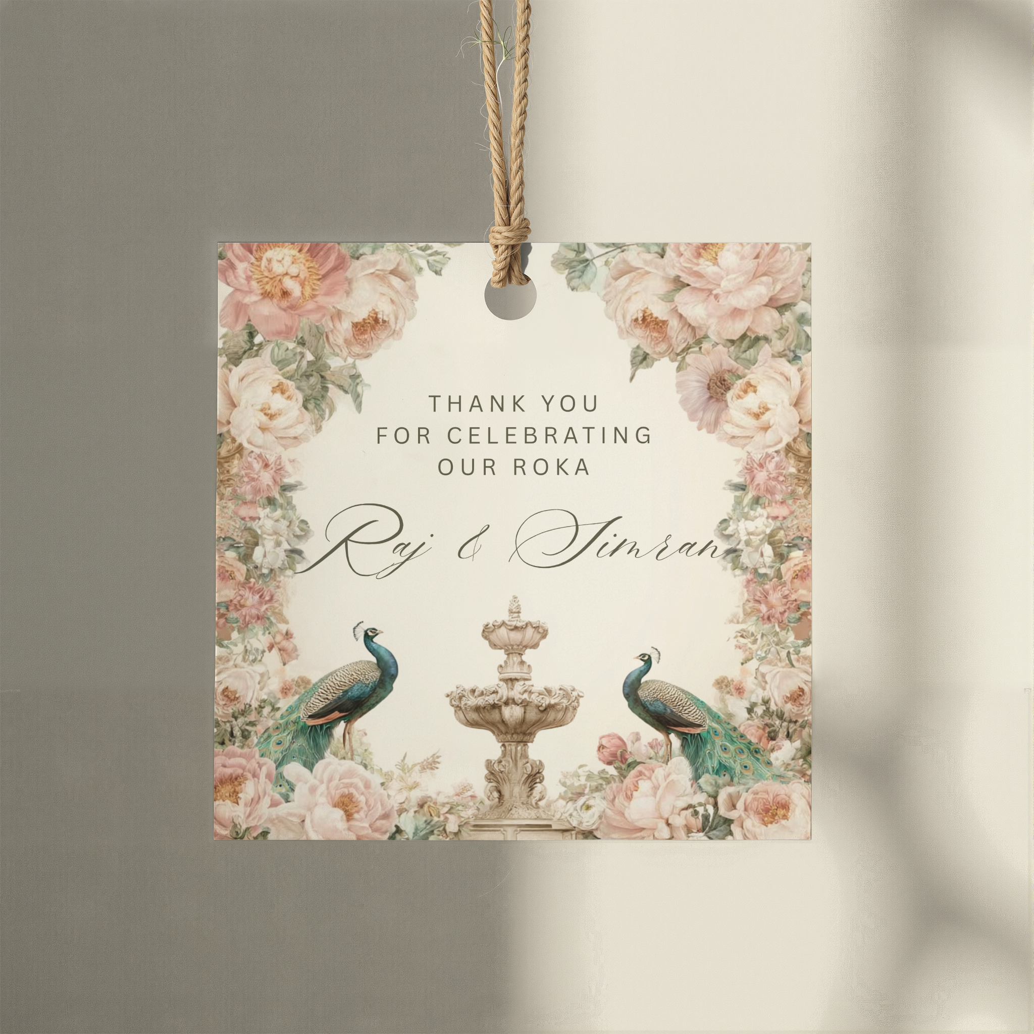 Roka favour tag with peacock fountain blush peonies design hanging on twine — editable Canva template mithai box sticker any square size