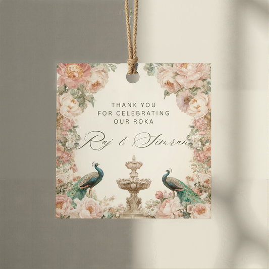 Roka favour tag with peacock fountain blush peonies design hanging on twine — editable Canva template mithai box sticker any square size