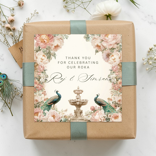 Peacock floral Roka mithai box stickers on Indian sweet boxes flat lay — editable Canva favour tag digital download printable