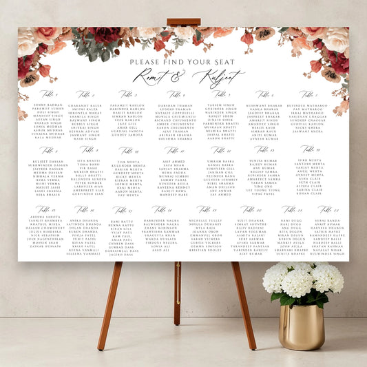 floral Indian wedding seating plan board with romantic peach and burgundy flowers personalised Asian wedding table plan