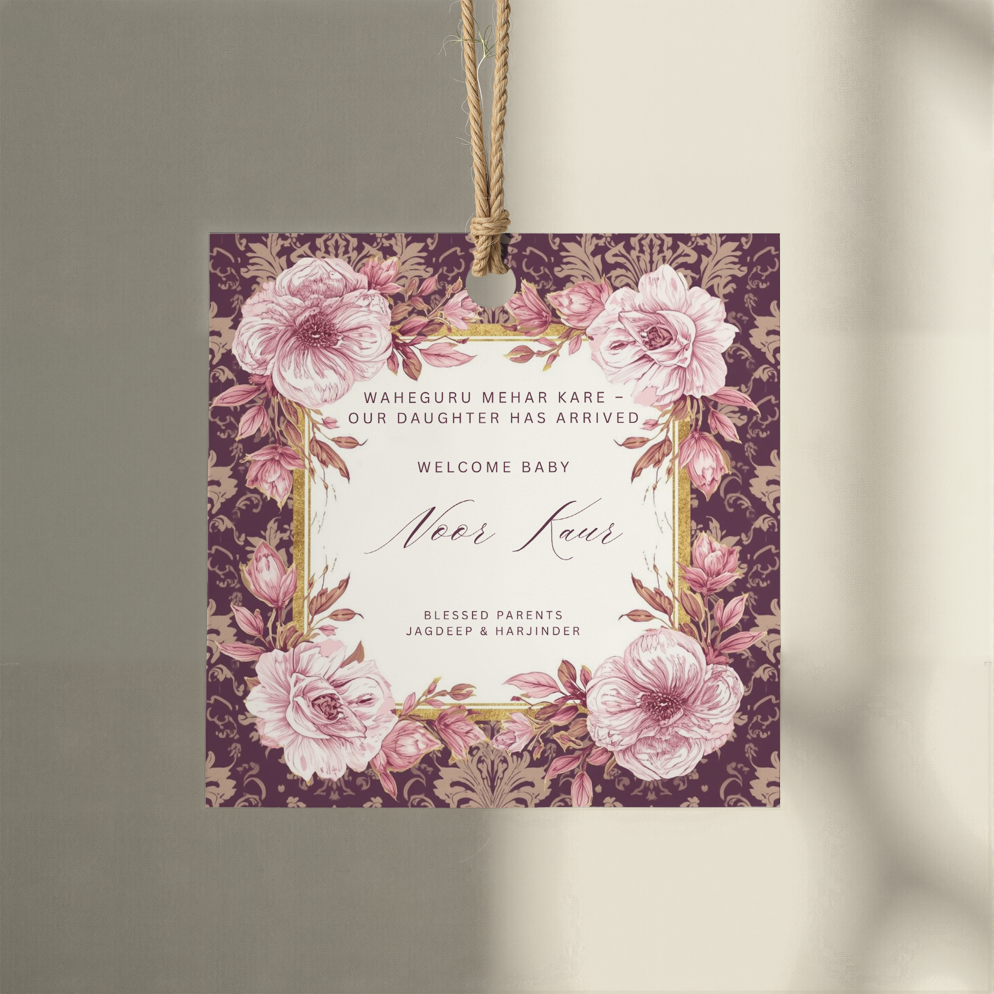Sikh baby arrival gift tag with Waheguru Mehar Kare blessing plum gold damask pink peonies and baby name in script — editable Canva template any square size